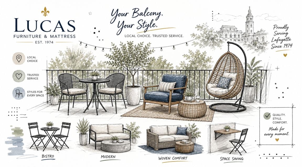 A sketch illustration displaying various outdoor balcony furniture options including bistro sets, sofas, and hanging chairs.