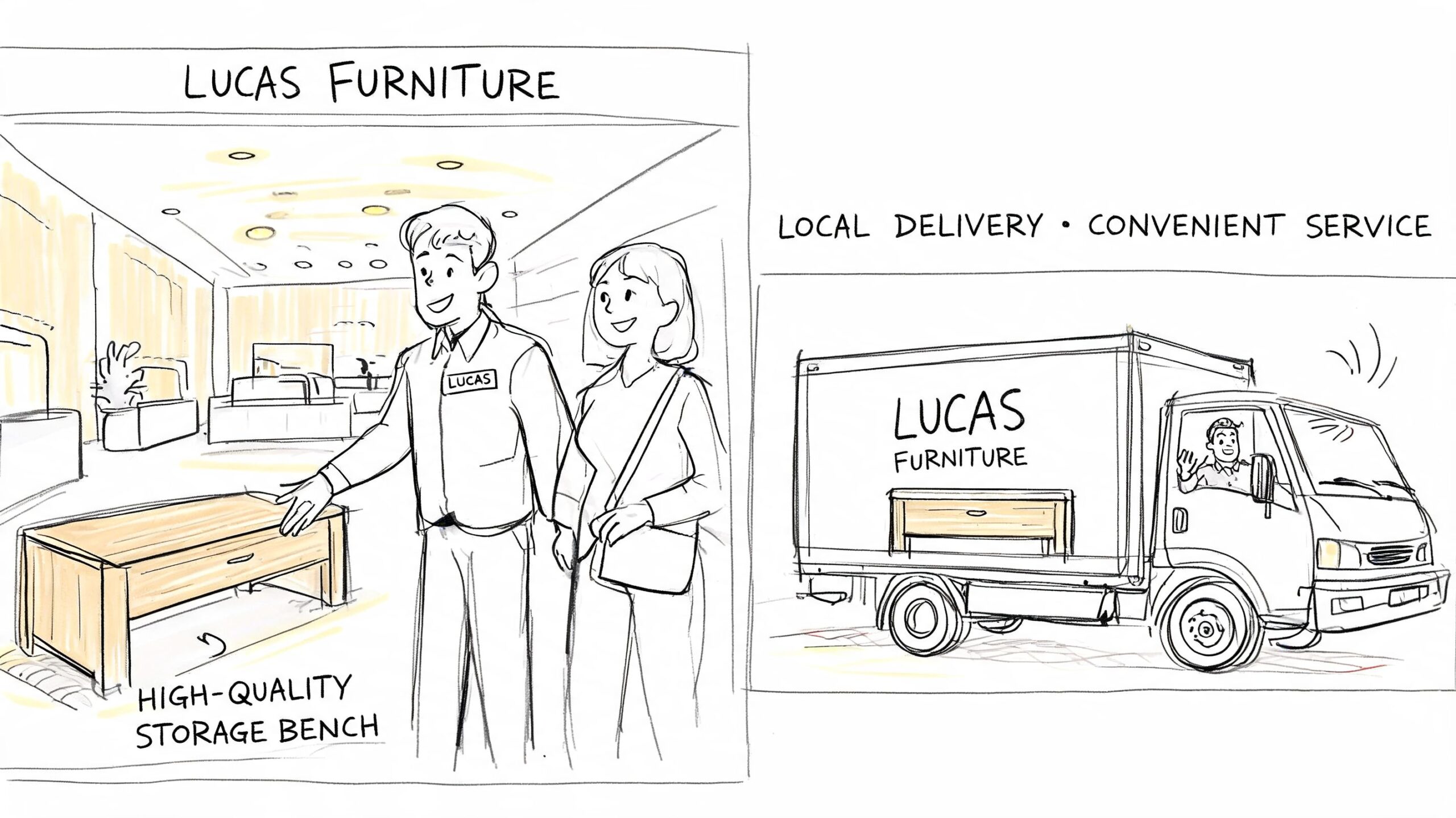 A store employee shows a high-quality storage bench to a customer, followed by a local delivery truck.