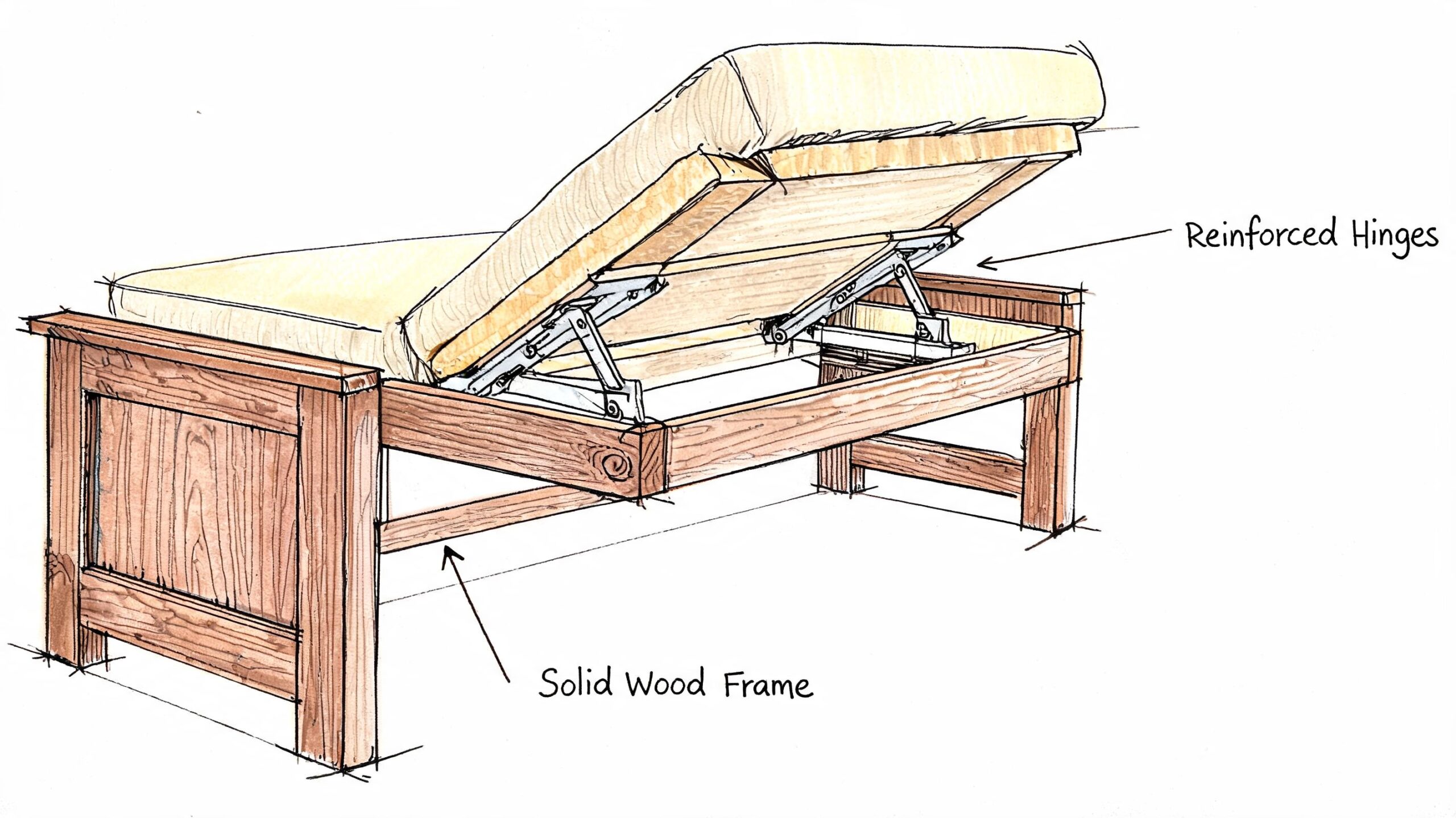 A detailed technical sketch of a wooden bench seat with a lifting mechanism and storage compartment.
