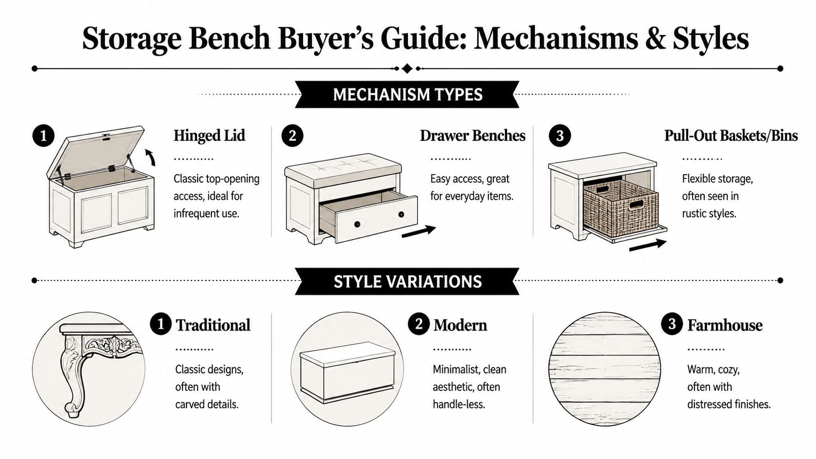 A visual guide explaining various storage bench mechanisms like hinged lids and drawers, alongside common furniture style variations.