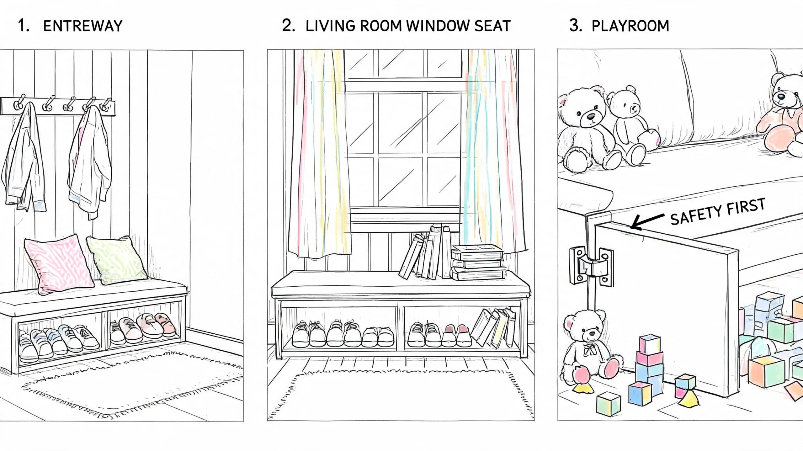 A three-panel illustration showing a versatile bench seat used for shoe storage in an entryway, living room, and playroom.