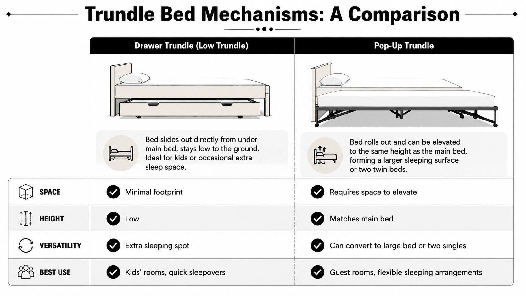 A comparison chart showing features and differences between drawer trundle and pop-up trundle bed mechanisms.