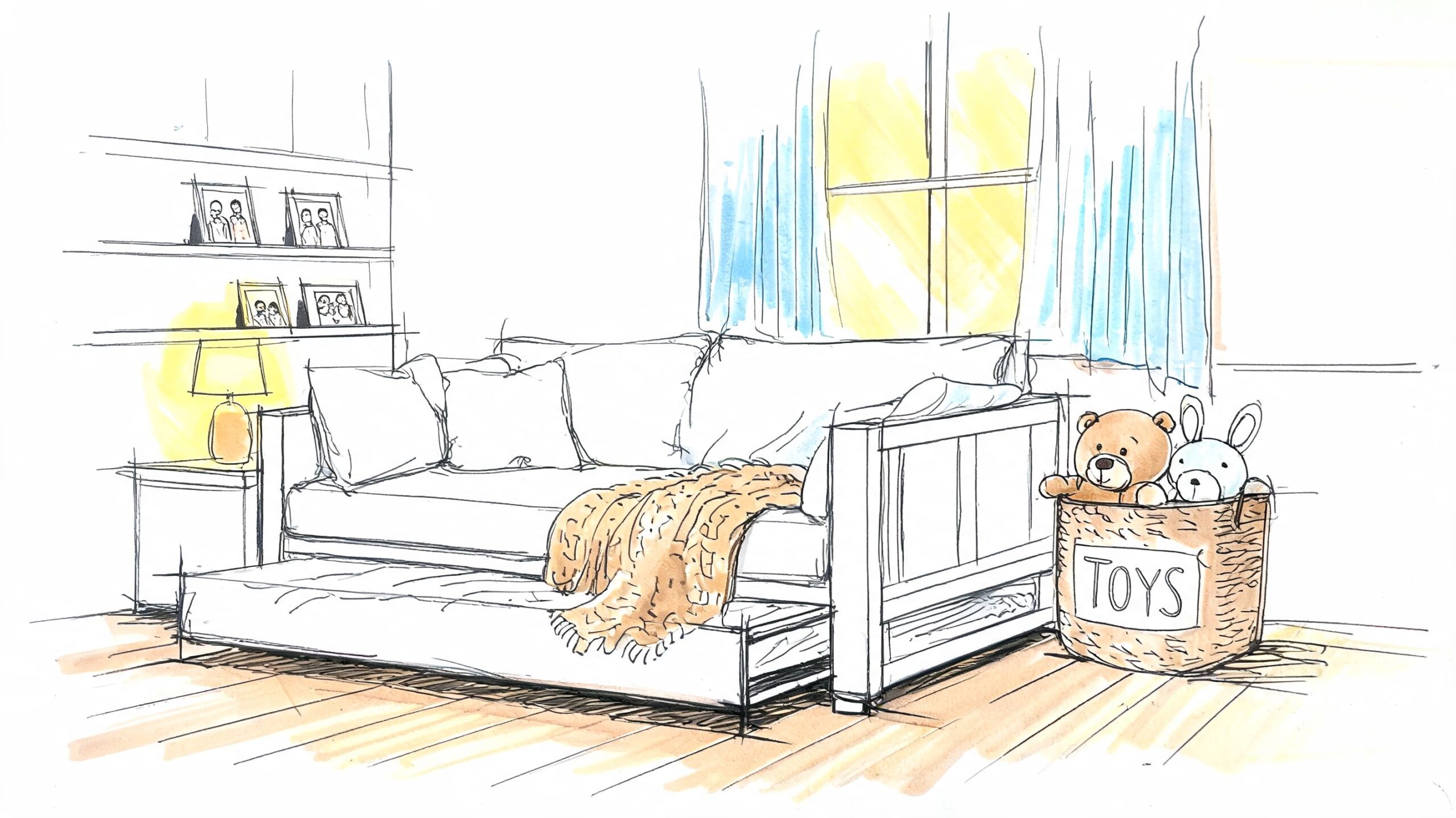 A cozy daybed with a pull-out trundle mattress, blankets, and a basket of toys in a room.