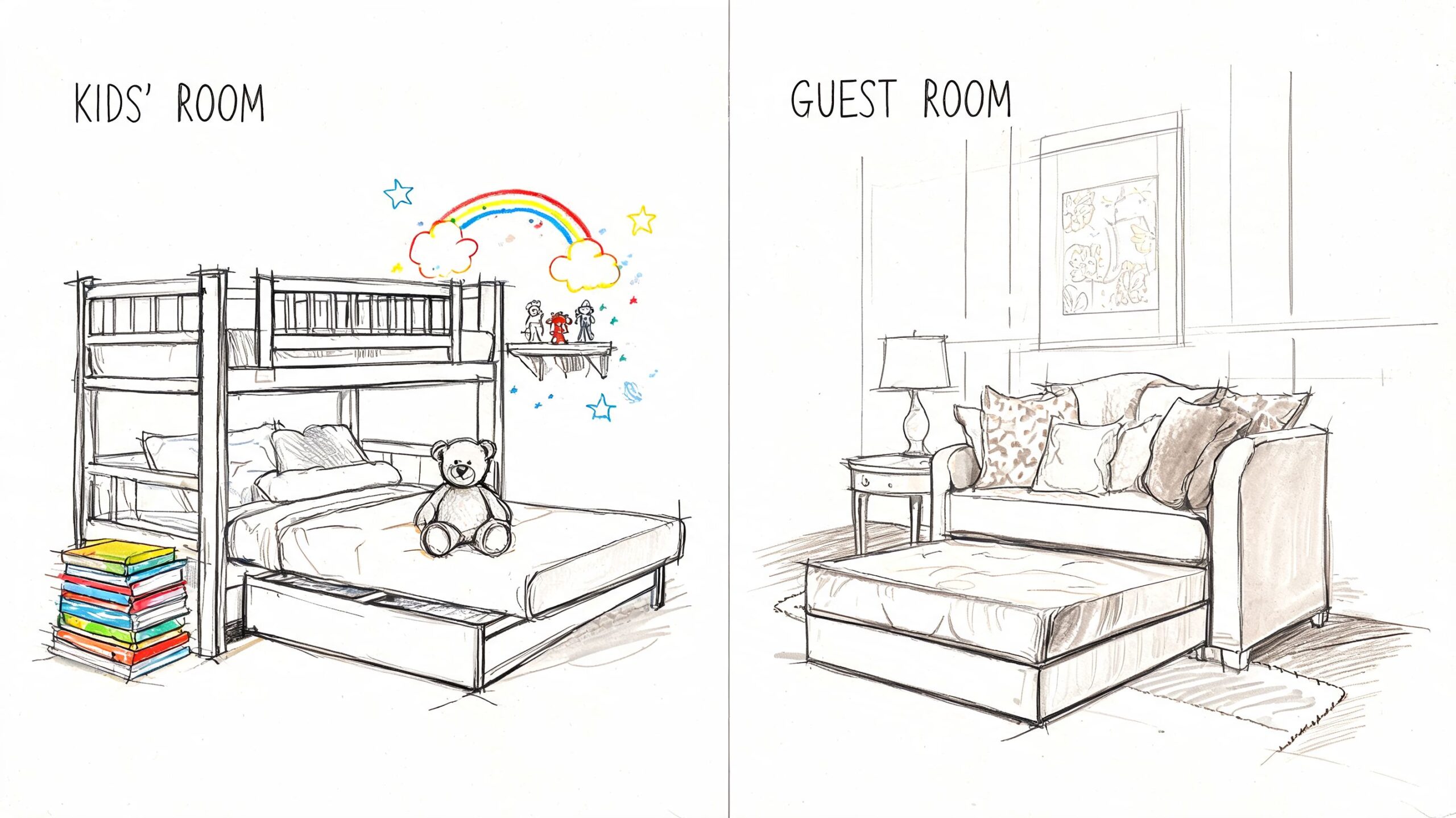 A split image showing a kids' room with a bunk trundle bed and a guest room with a sofa bed.