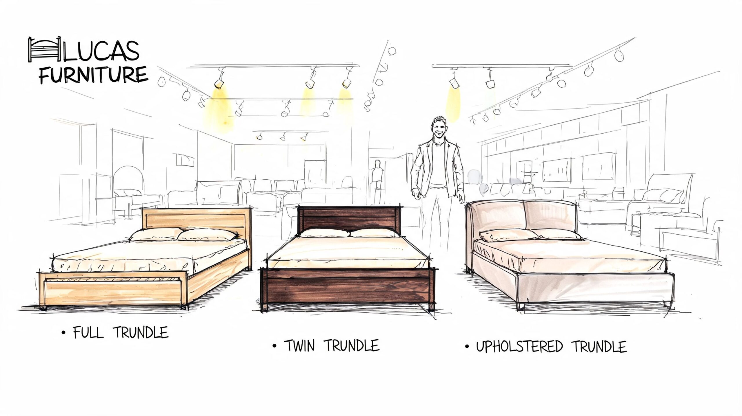 Three different trundle bed designs displayed in a sketch of a furniture store showroom.