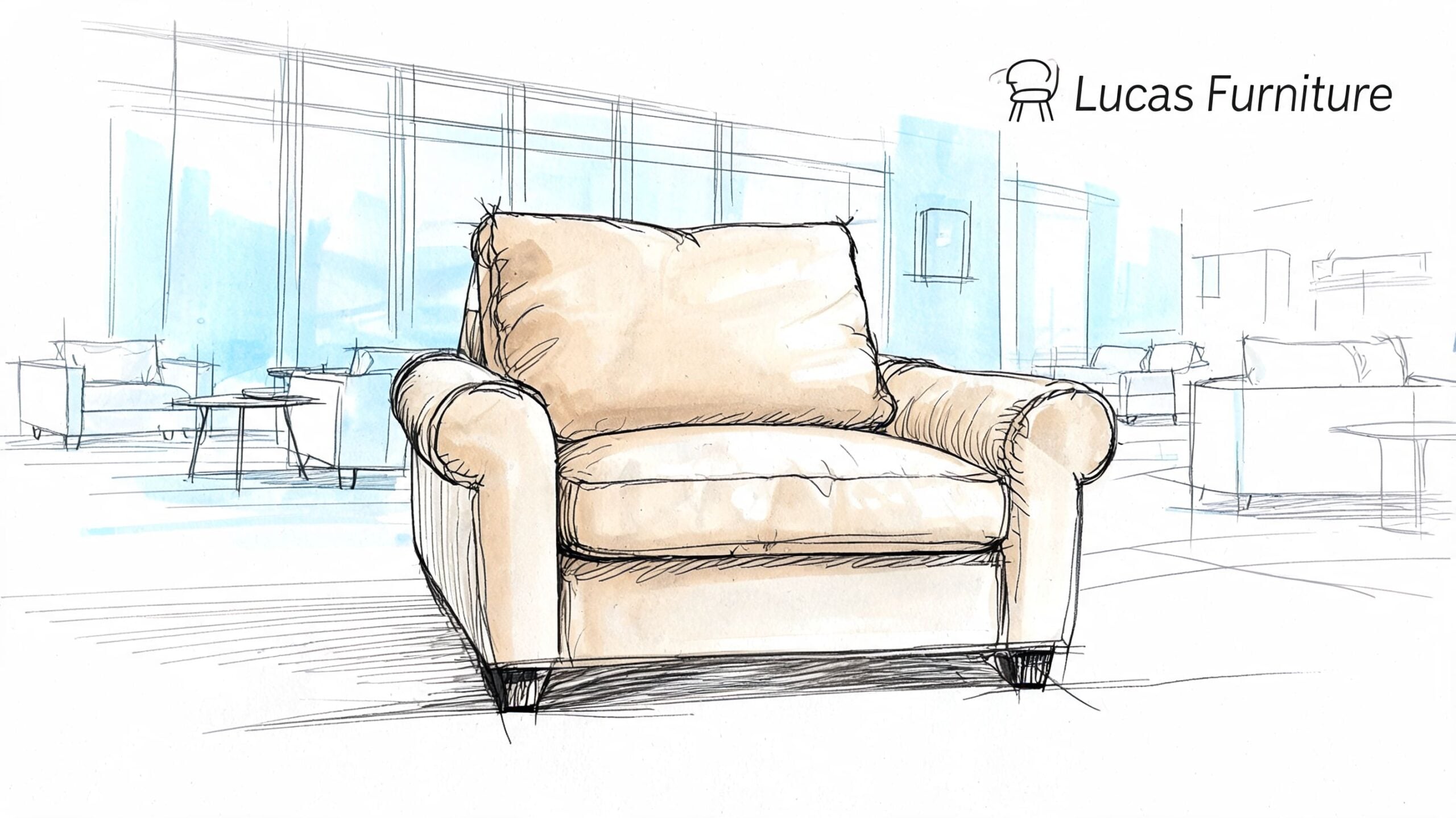 A pencil and watercolor sketch of a big comfortable armchair, presented in a minimalist furniture catalog style.