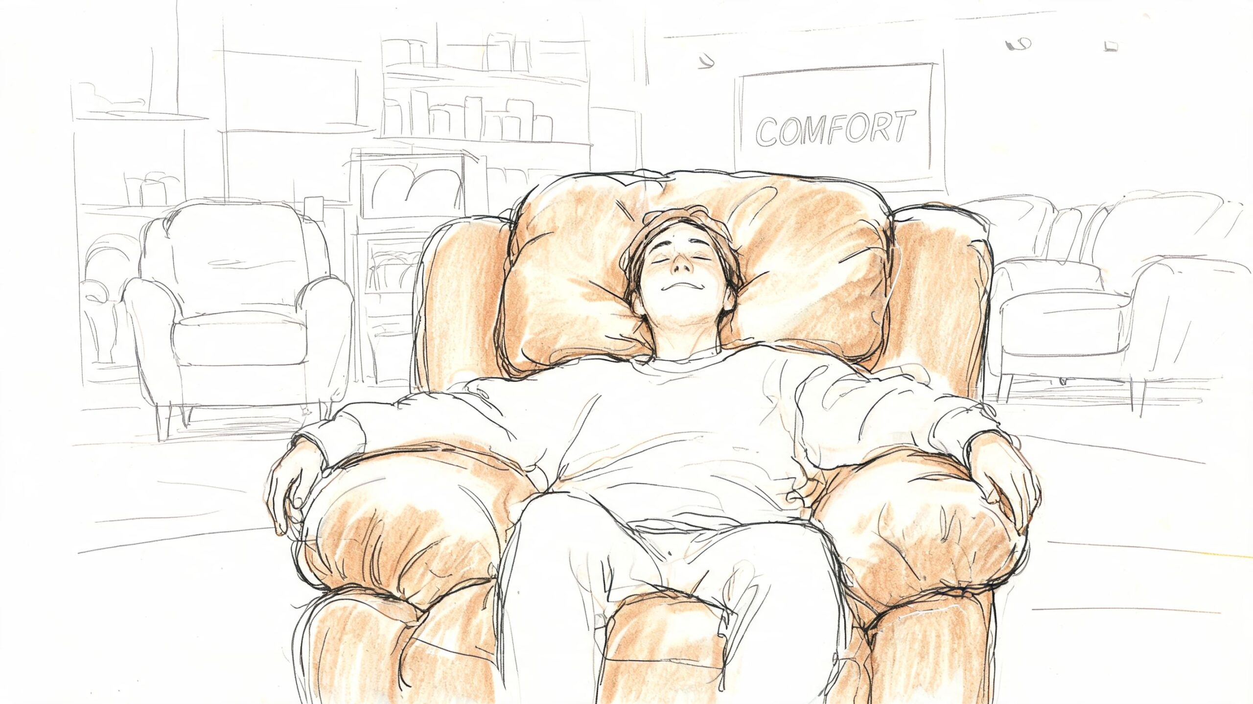 A relaxed person rests in a big comfy chair inside a furniture store with a comfort sign.