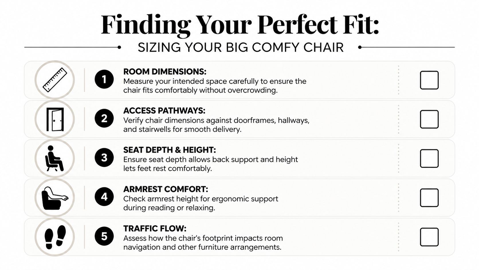 A checklist infographic titled Finding Your Perfect Fit to help measure for a big comfy chair.