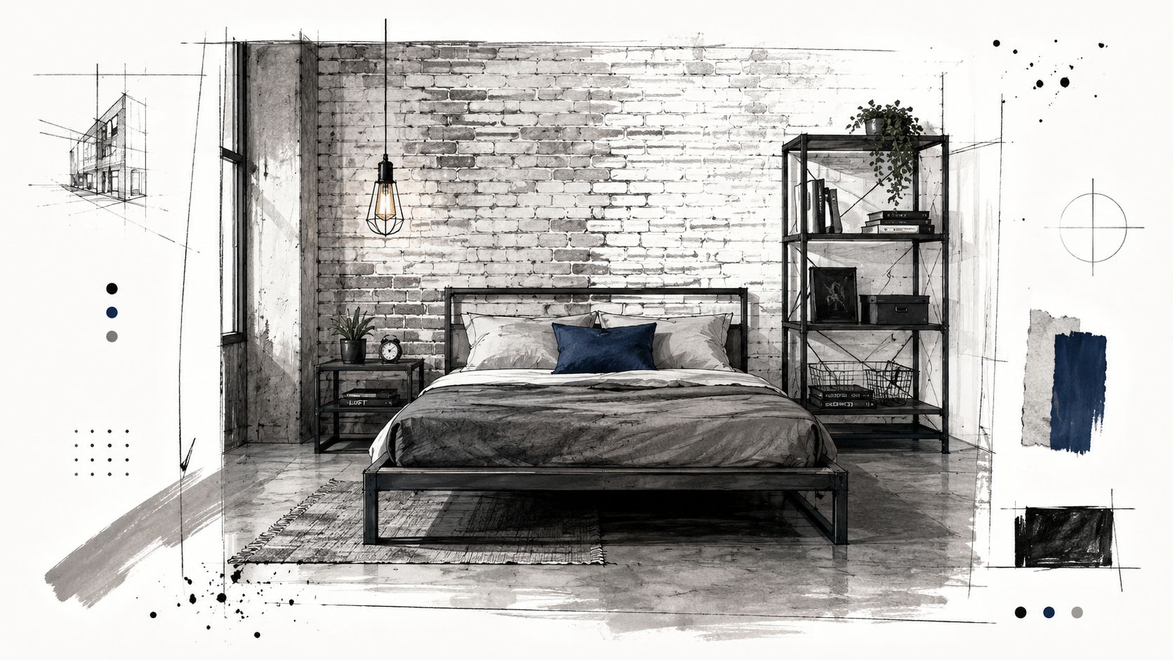 A modern industrial bedroom design sketch with a metal bed frame, exposed brick wall, and decorative shelving.