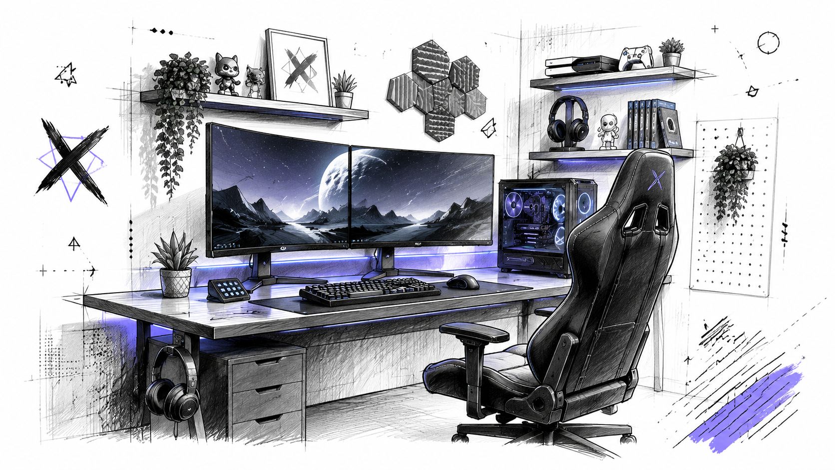 A modern gaming room desk setup with dual monitors, ergonomic chair, and stylish sketch-style decor elements.