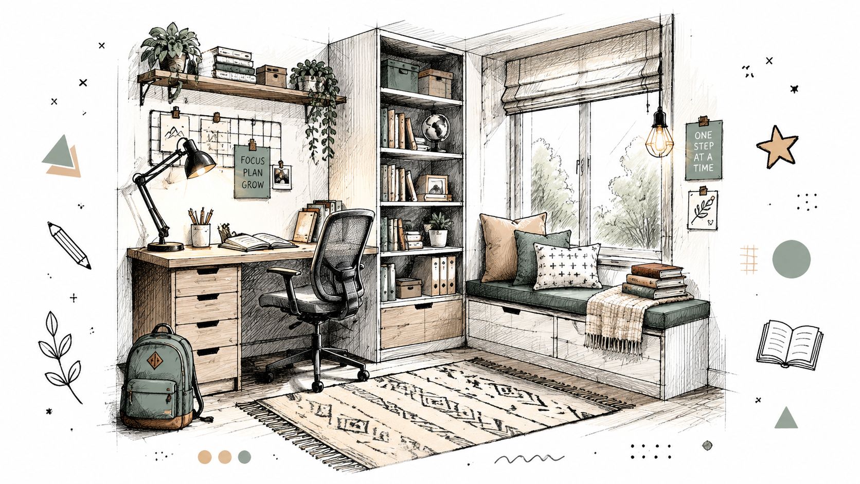 A cozy, hand-drawn illustration of a modern teenage study space with a desk and window seat.