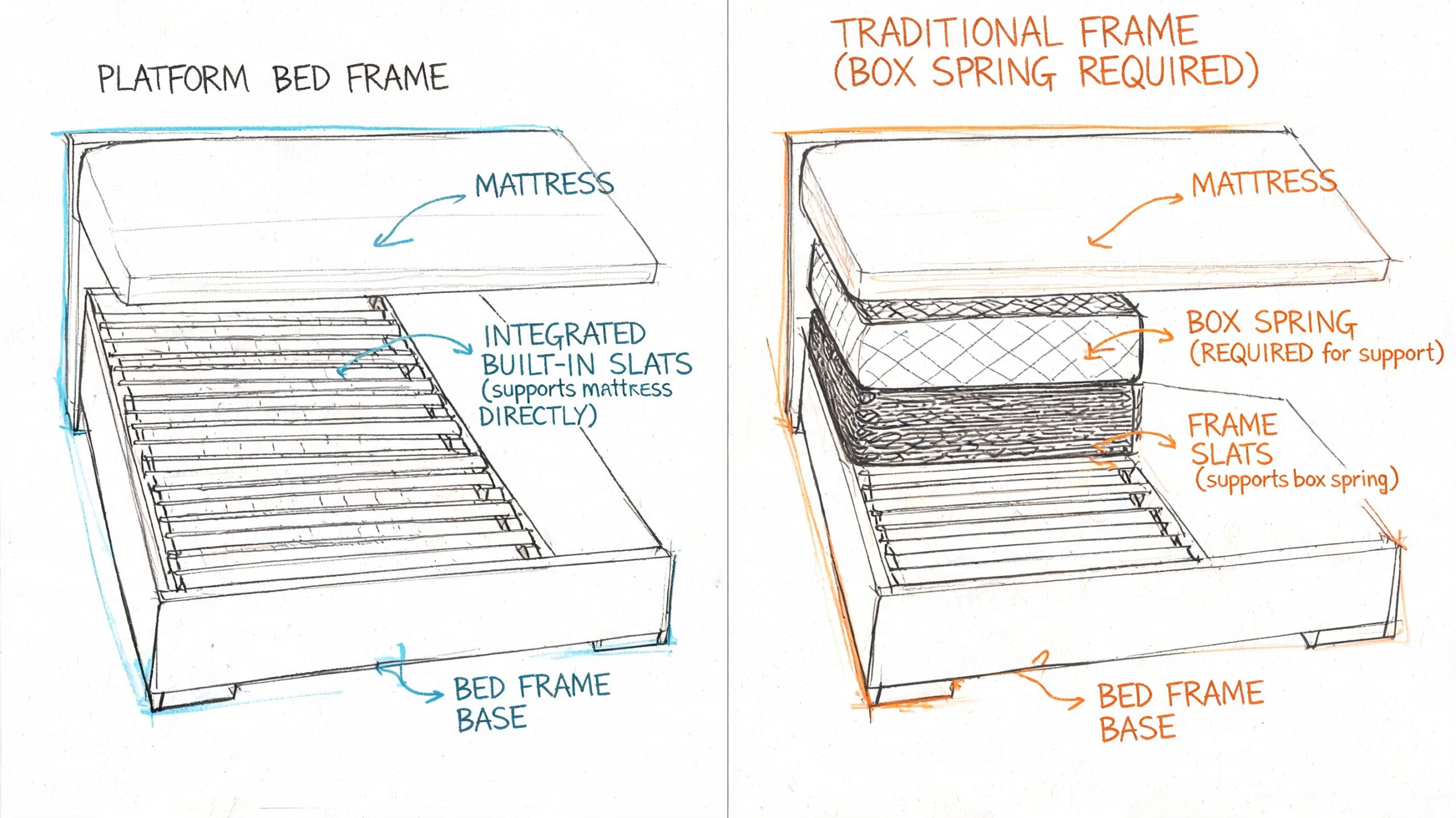 A diagram comparing a platform bed frame with integrated slats versus a traditional bed frame with box spring.
