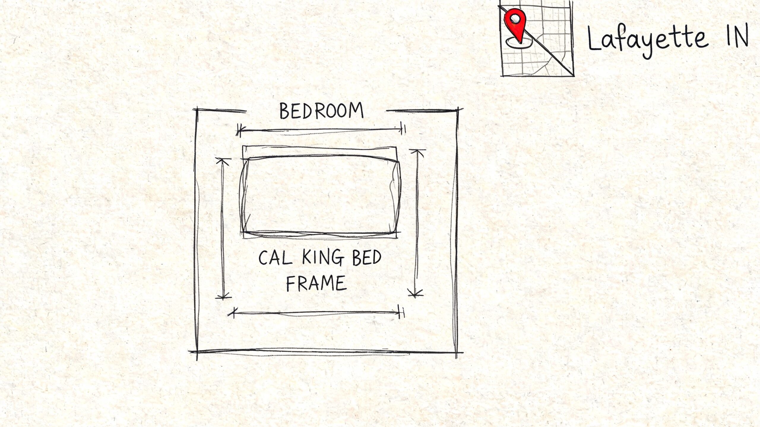 A simple sketch of a bedroom layout featuring a centered California King bed frame with measurement lines.