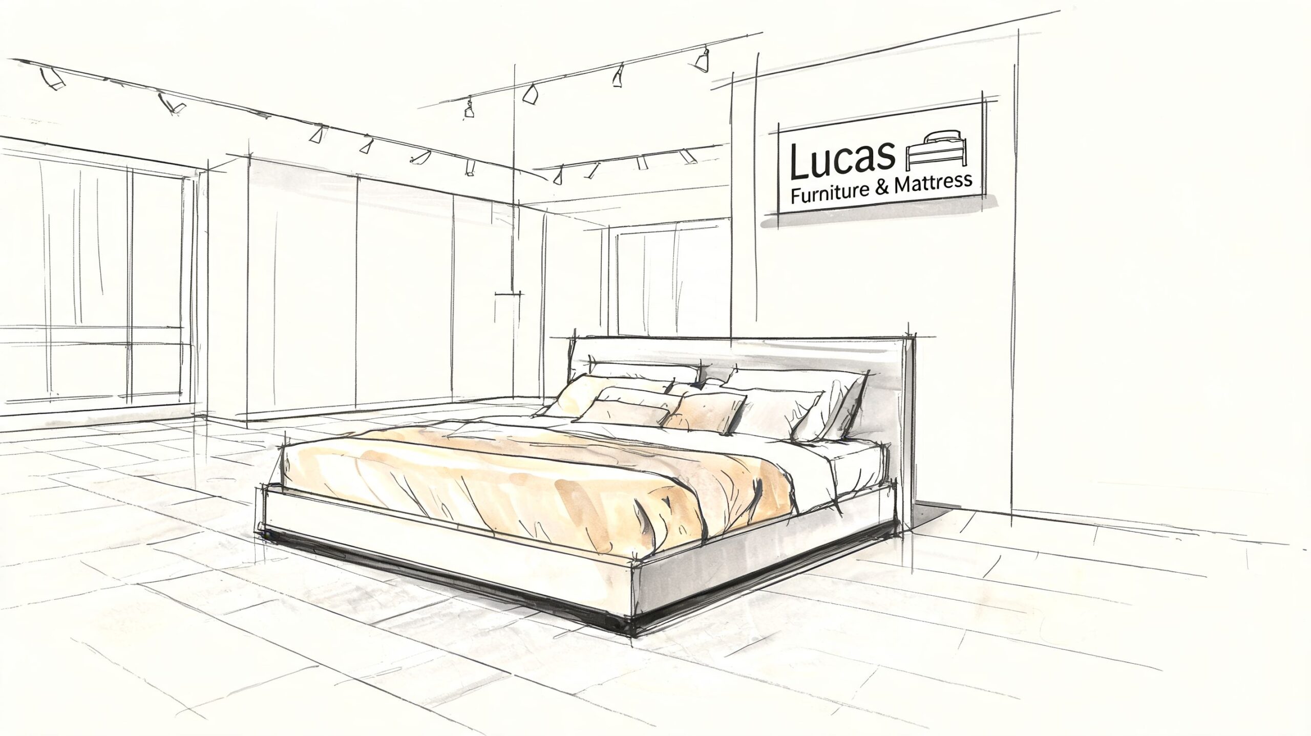 A hand-drawn sketch of a modern bedroom interior featuring a comfortable cal king size bed frame.