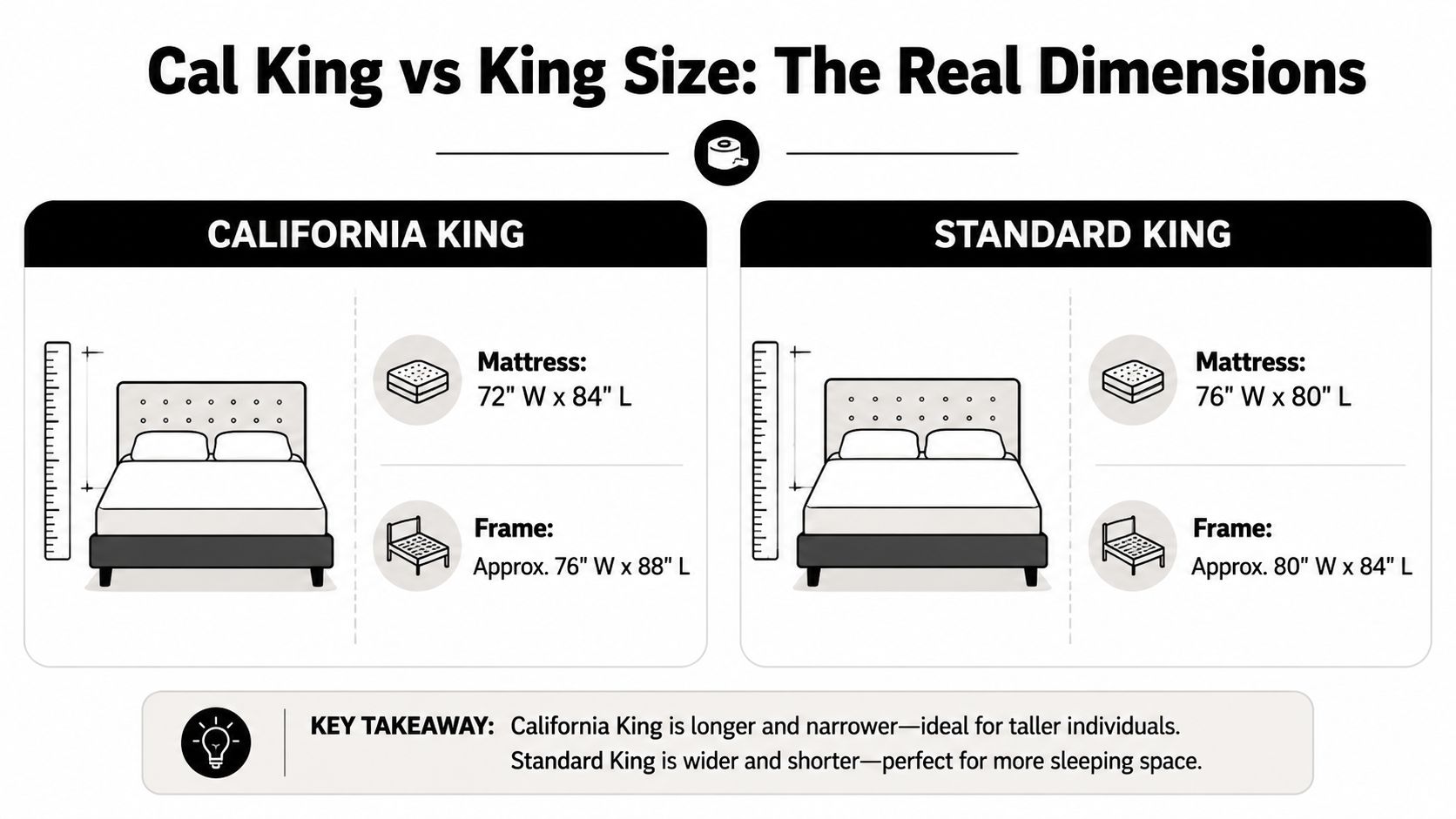 A comparison chart showing the differences in dimensions between a California King and a Standard King mattress.