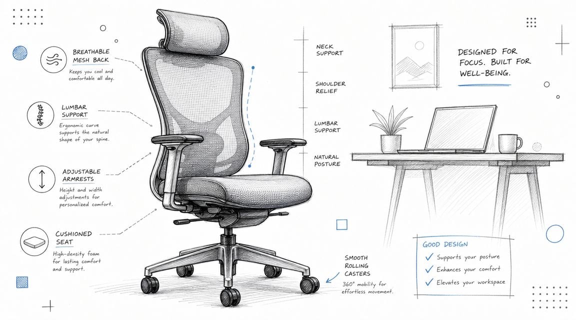A detailed sketch of an ergonomic office chair highlighting features like mesh back, lumbar support, and adjustable armrests.