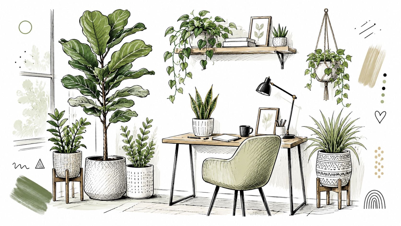 A hand-drawn sketch of a cozy home office featuring green plants, a desk, and a chair.
