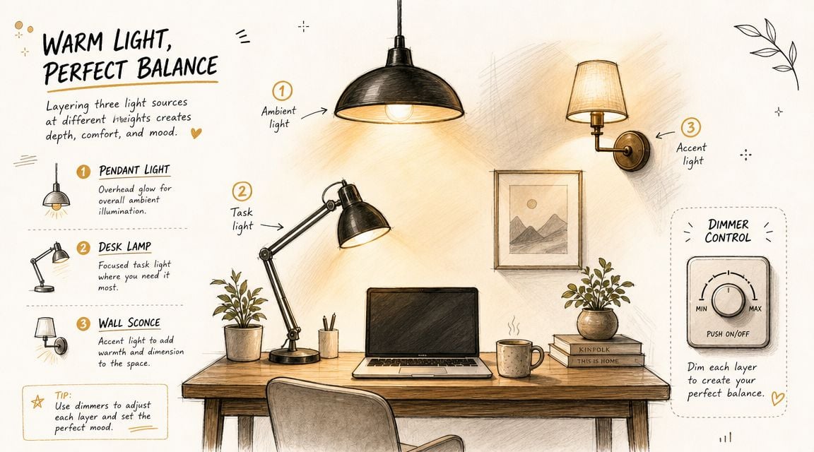 A hand-drawn sketch illustrating how to layer ambient, task, and accent lighting for a cozy office.