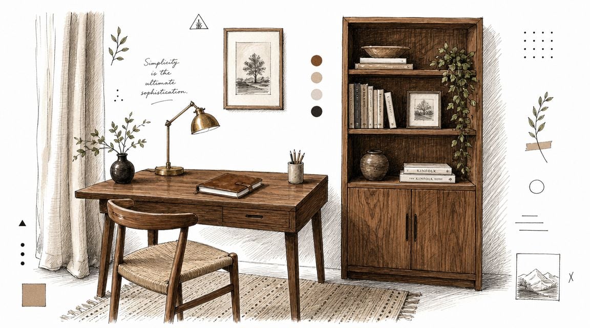 A cozy, hand-drawn illustration of a minimalist wooden desk, a comfortable chair, and a bookshelf in an office.