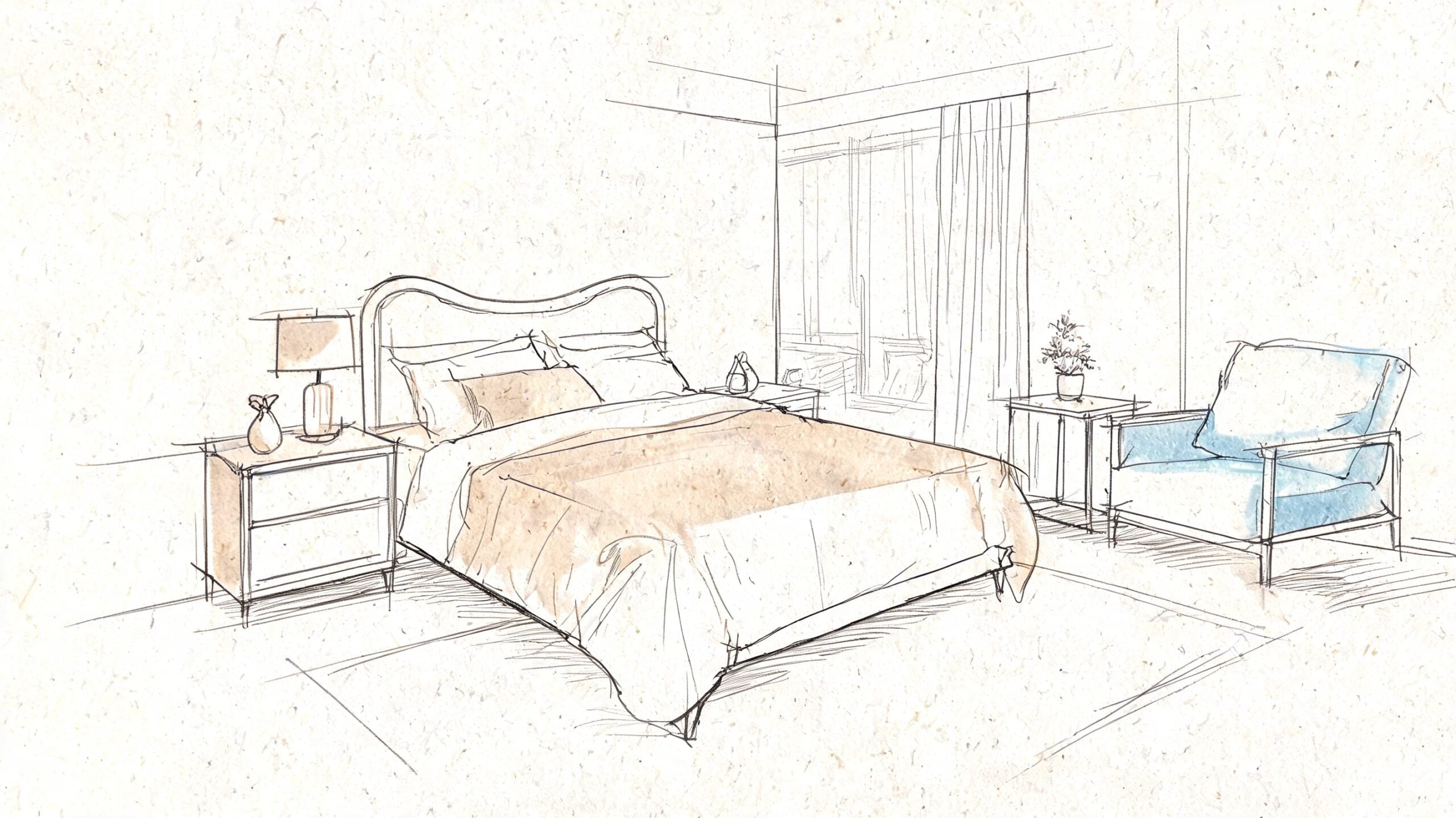 A minimalist sketch of a bedroom featuring a bed, side tables, a lamp, and an accent chair.