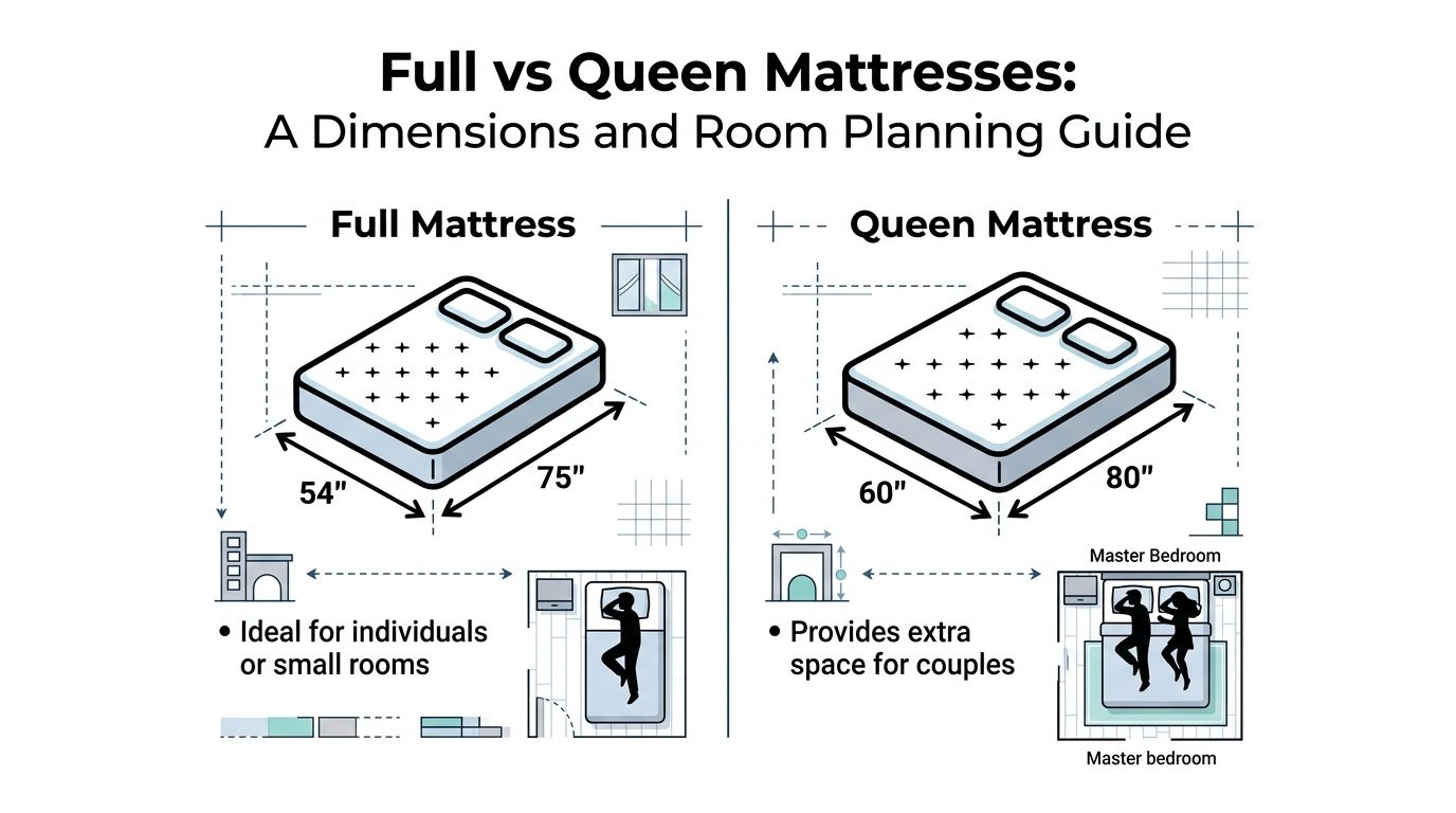 A comparison guide displaying the dimensions and room suitability for full and queen size mattresses.