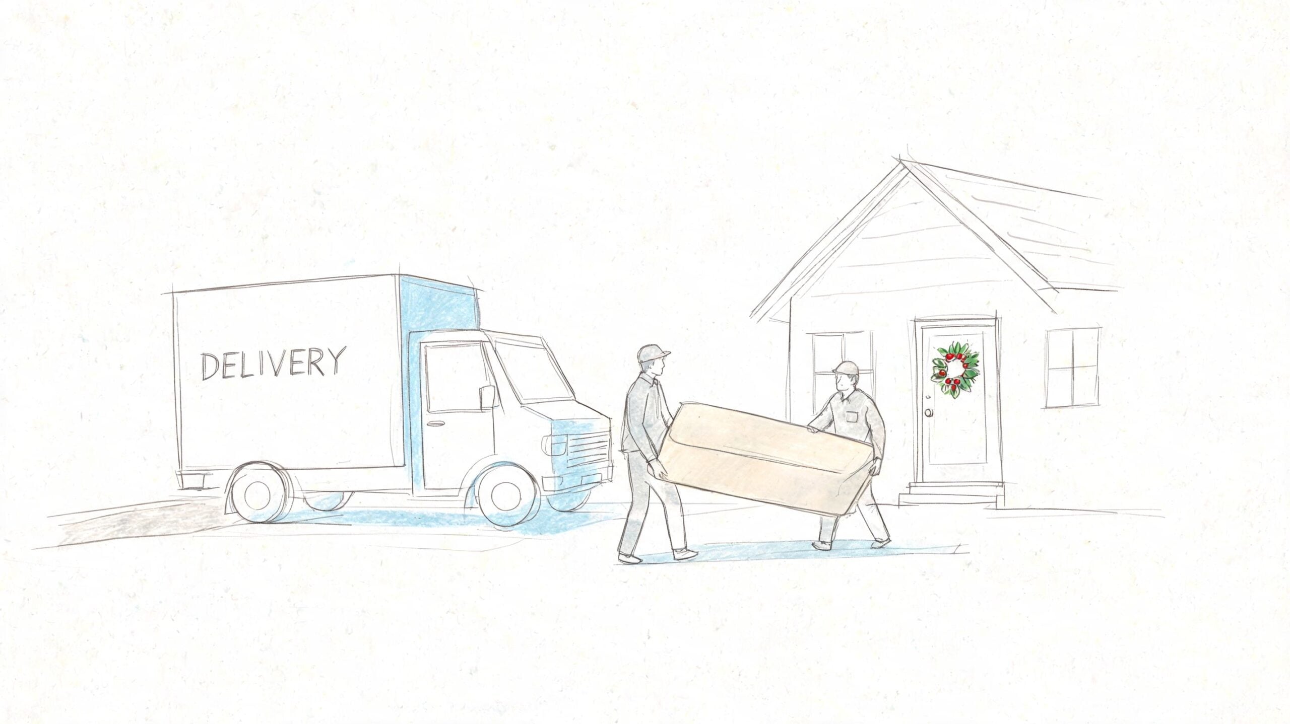 Two delivery workers carrying a large cardboard mattress box towards a house with a festive wreath.