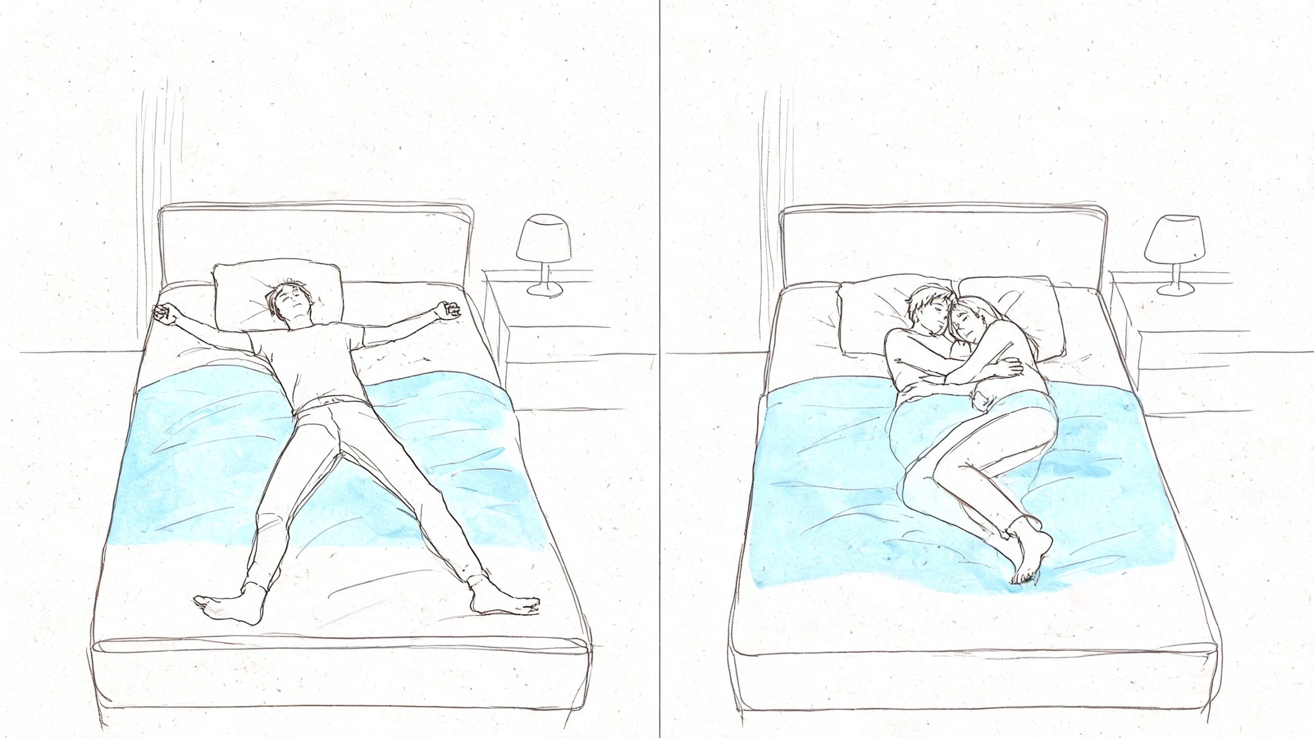 A line drawing illustration comparing a person sleeping alone versus a couple cuddling in a bed.