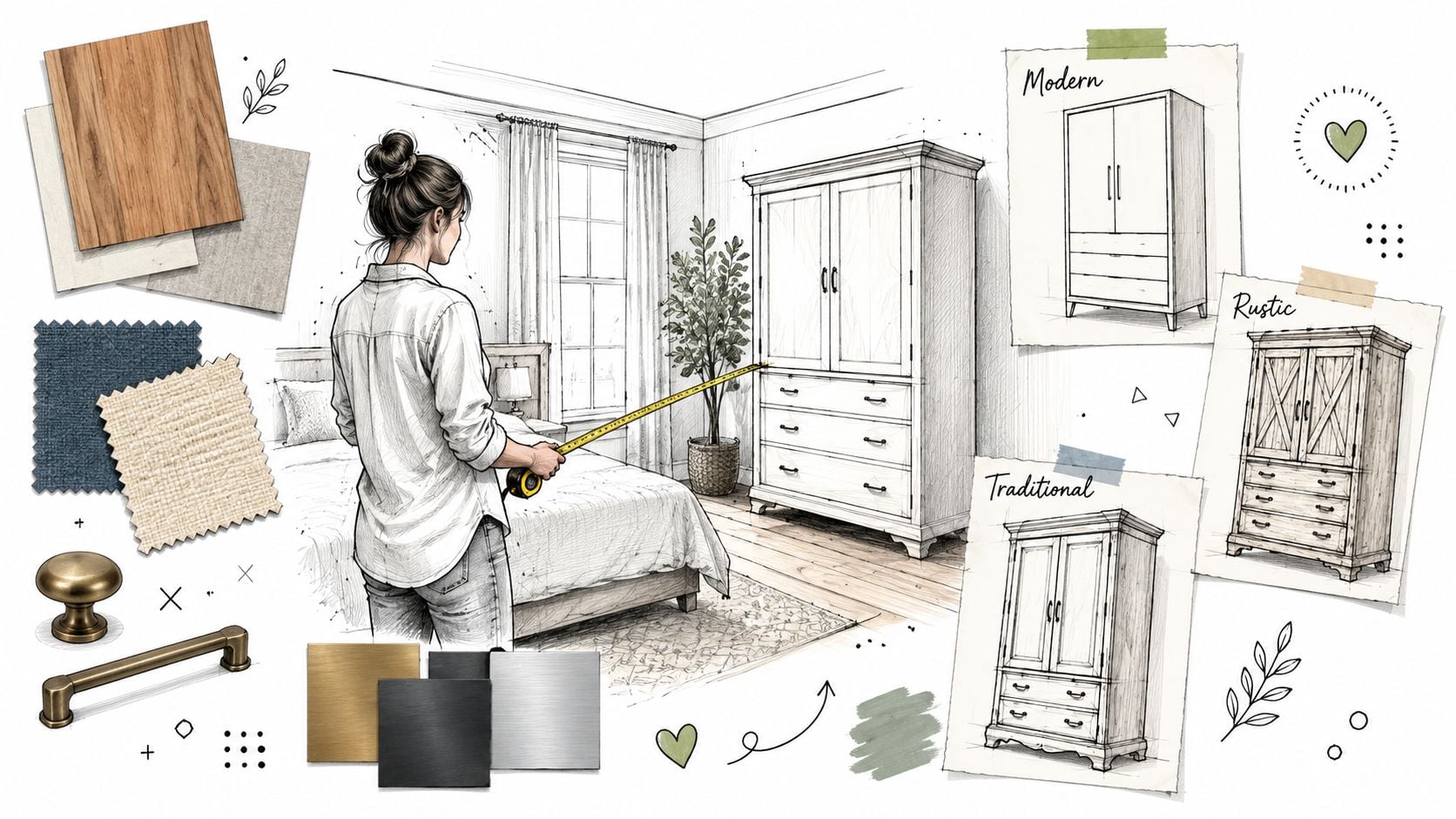 A designer measures a wooden armoire in a bedroom sketch alongside material samples and cabinet style options.