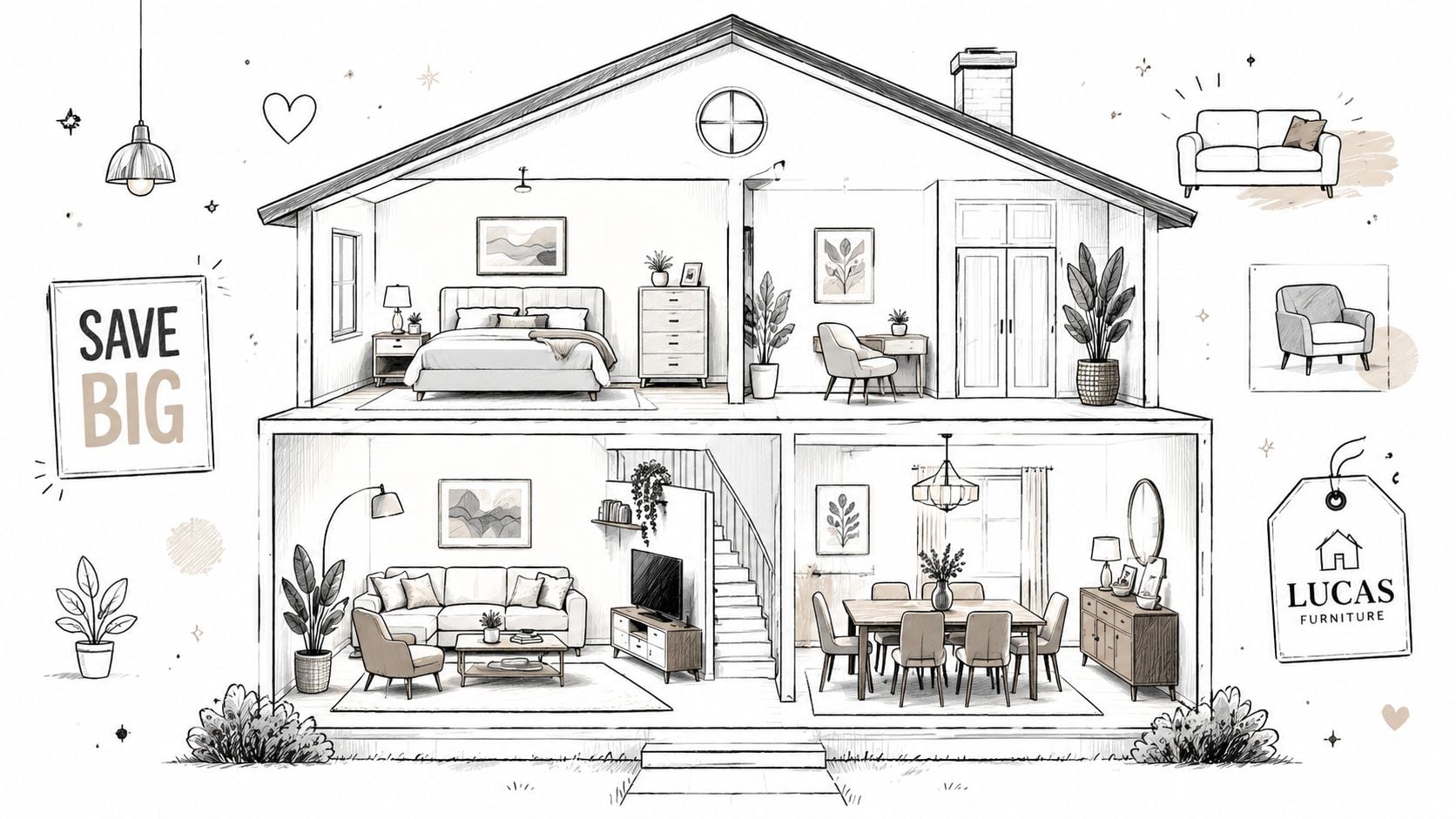 A detailed line drawing of a two-story home interior showcasing various furniture items from Lucas Furniture.