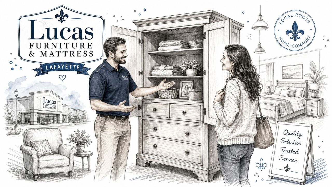 A store associate showcases a wooden dresser armoire combination to a female customer in a furniture store.