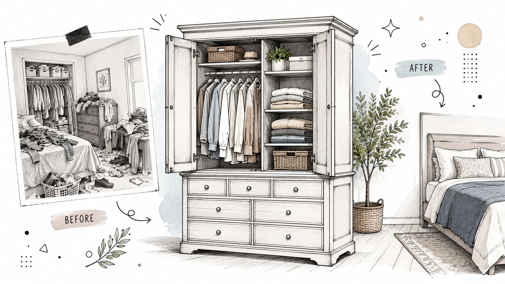 A split image showing a messy bedroom before and a clean, organized bedroom with a dresser armoire combo after.
