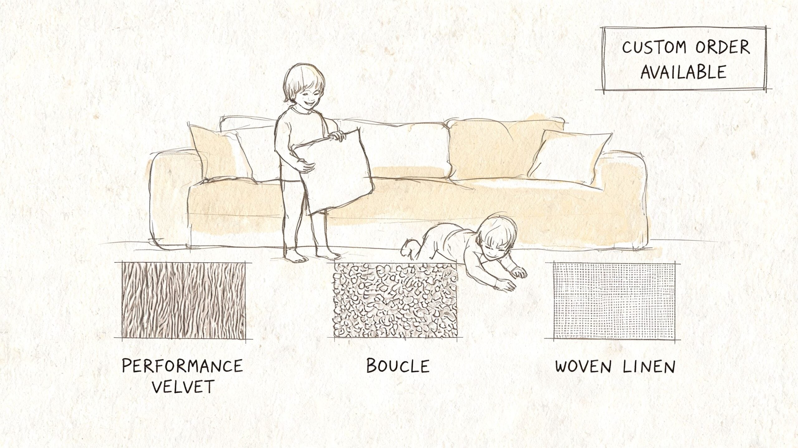 A hand-drawn sketch of children playing near a couch with fabric swatches for sofa upholstery options.