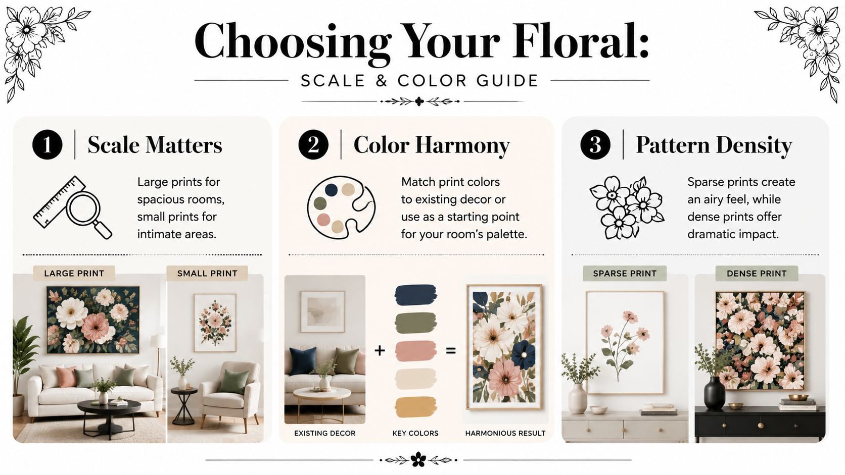 An instructional guide on choosing floral prints for home decor, featuring tips on scale, color, and density.