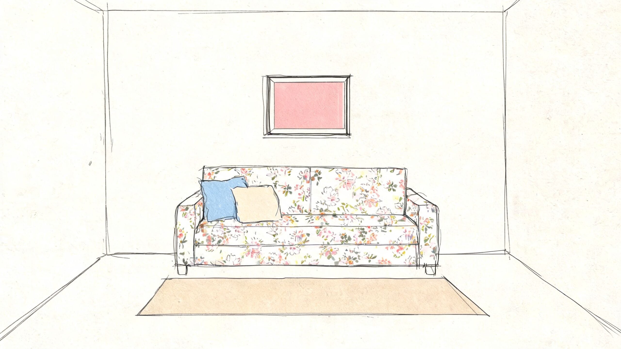 A minimalist sketch of a living room with a floral print couch, two pillows, and a rug.