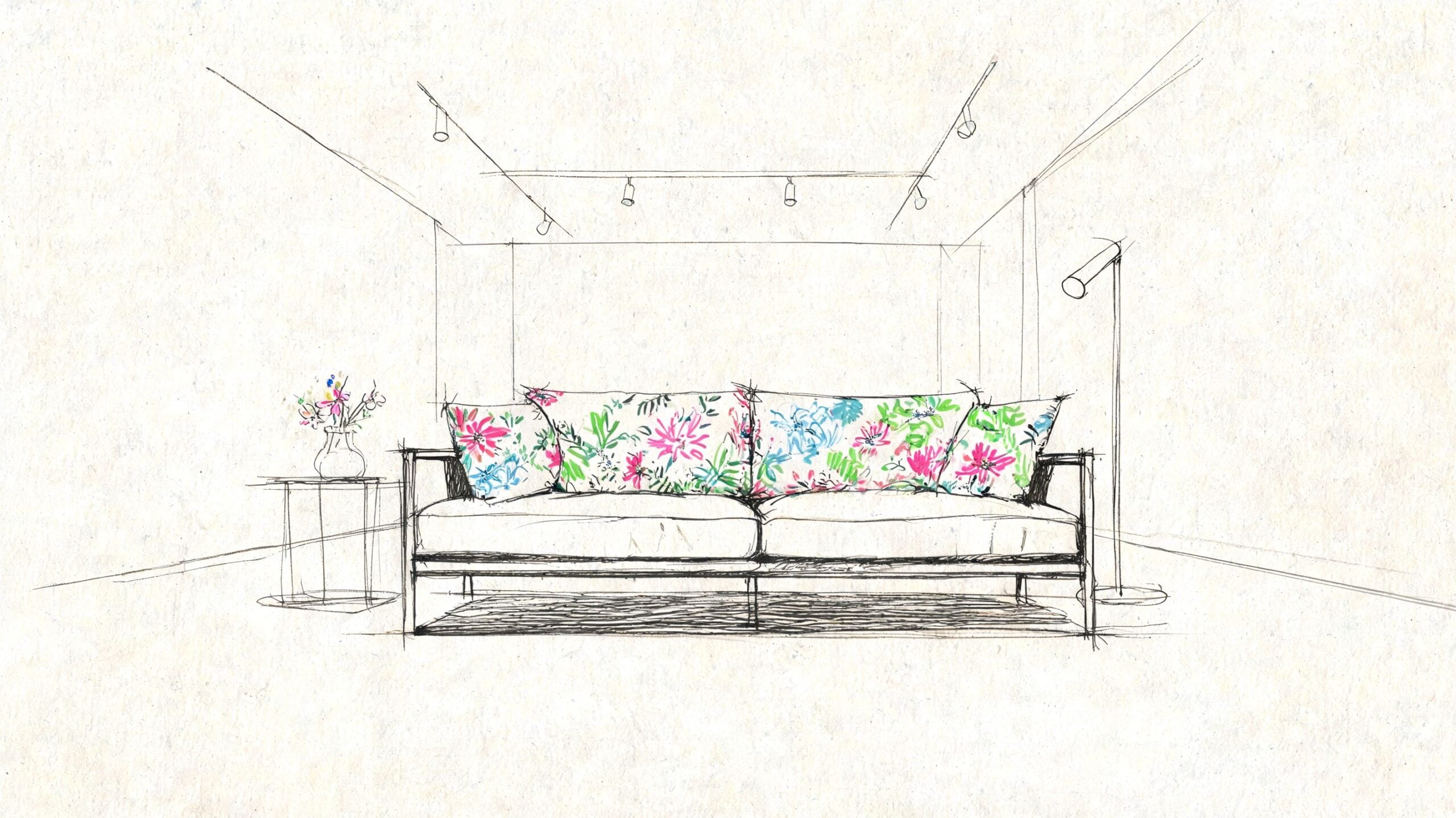 A minimalist sketch of a sofa with a colorful floral print pattern in a modern living space.