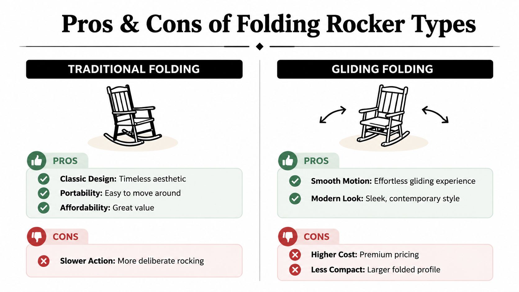 A comparison chart showing the pros and cons of traditional folding rocking chairs versus gliding folding rockers.
