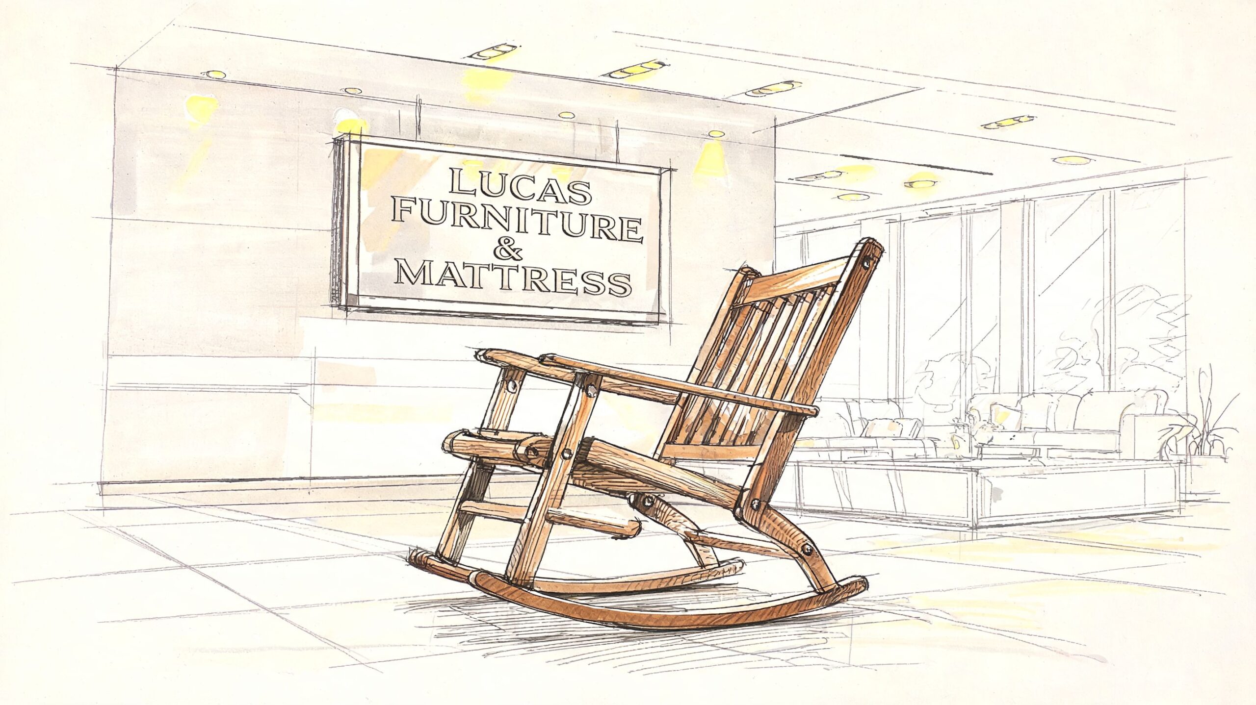 A hand-drawn illustration of a folding wooden rocking chair displayed in a modern furniture showroom.