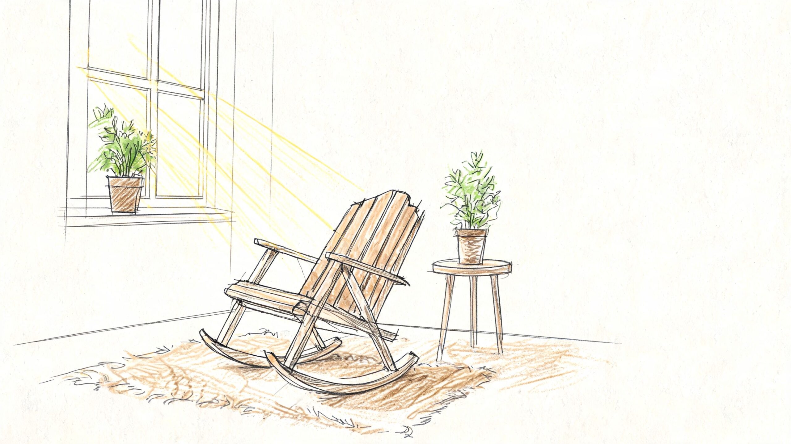 A pencil sketch of a wooden rocking chair placed on a rug next to a small side table.