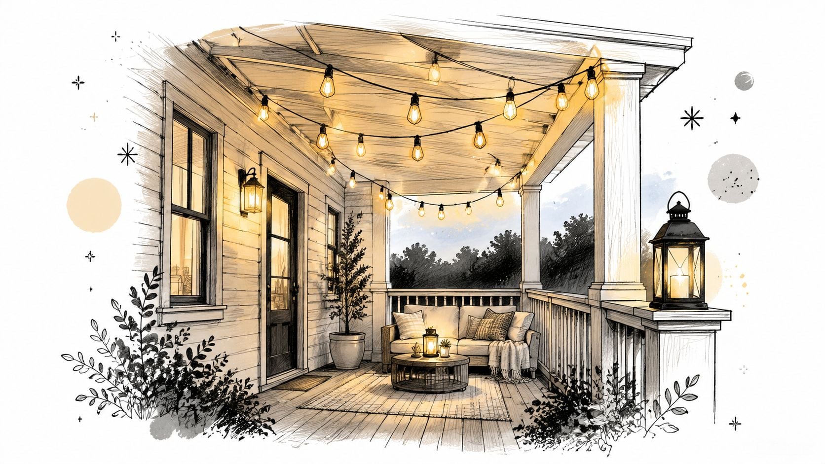 A cozy, sketch-style illustration of a decorated front porch with glowing string lights, comfortable seating, and plants.
