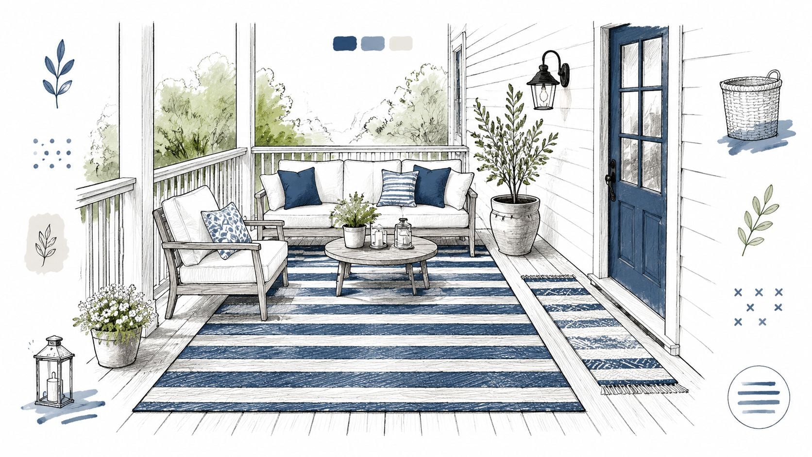 A hand-drawn sketch of a cozy front porch decorated for summer with blue and white furniture.