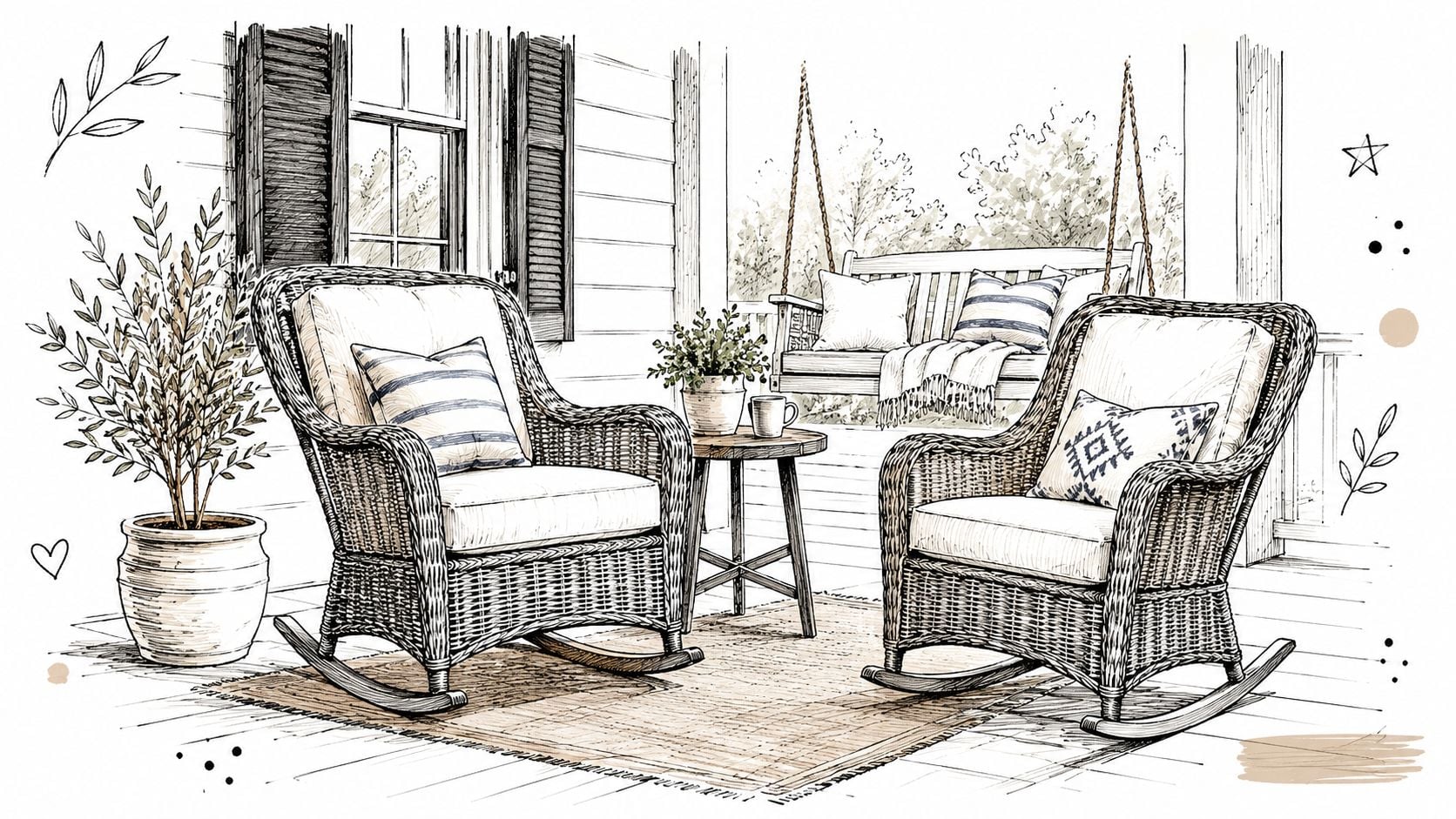 A cozy front porch featuring wicker rocking chairs, a wooden side table, and a relaxing porch swing.
