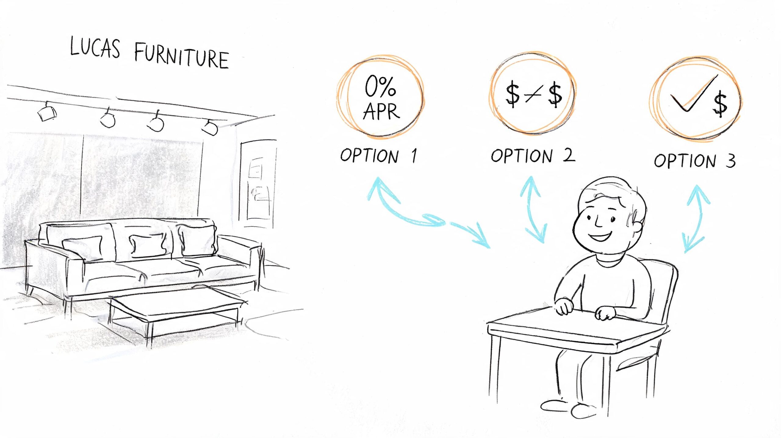 A hand-drawn illustration showing a customer evaluating three different furniture financing options at Lucas Furniture store.