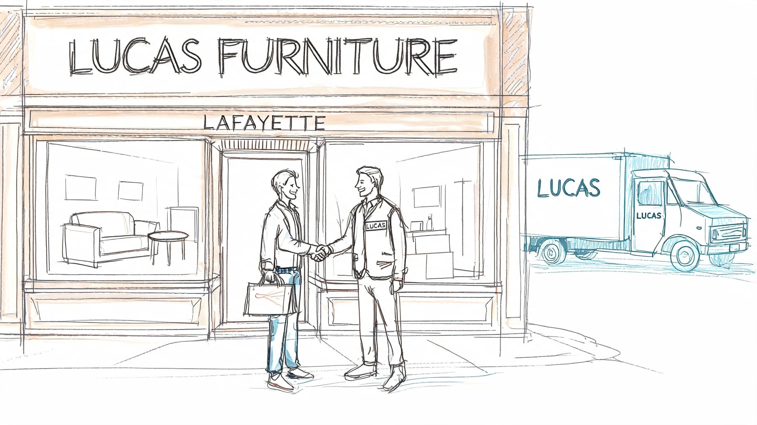 A store owner and a customer shaking hands in front of a furniture store with a delivery truck.