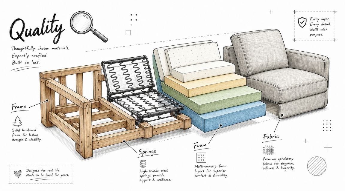 A detailed technical illustration showing the layers, frame, springs, and foam construction of a high quality armchair.