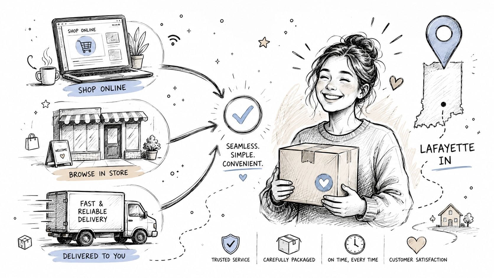 A line art illustration showing a seamless delivery process for online and in-store shopping in Lafayette, Indiana.