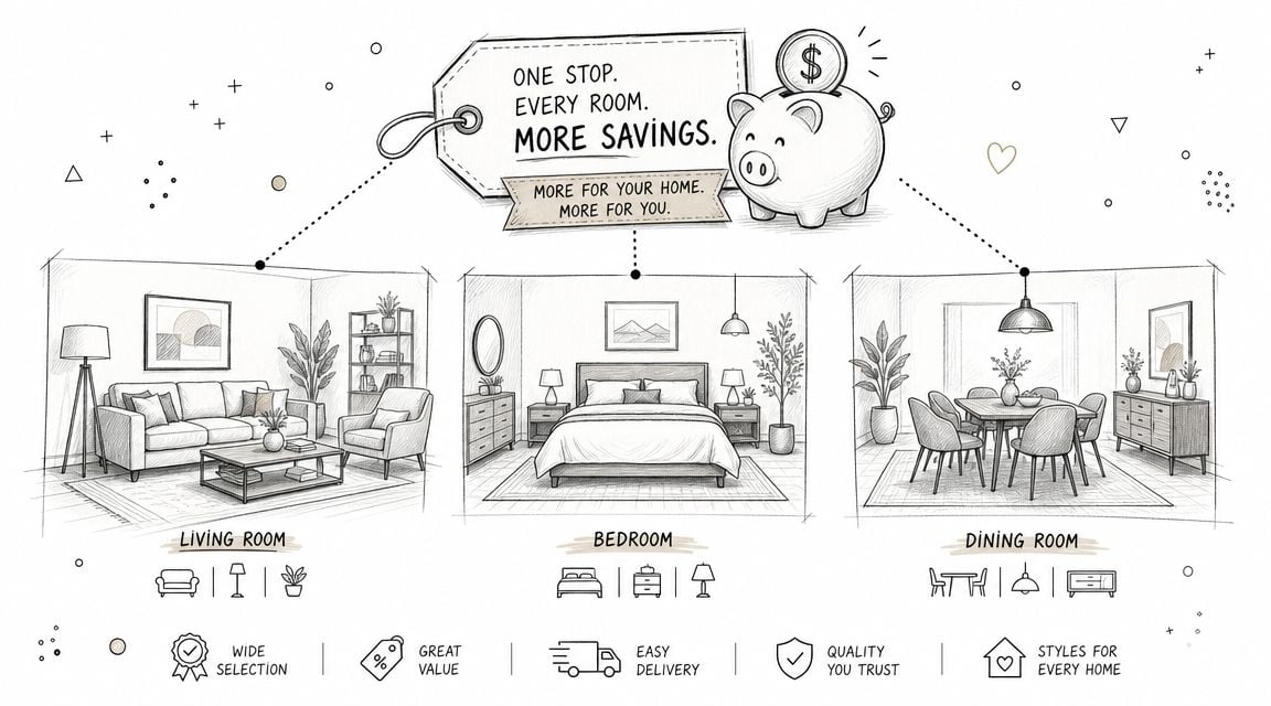 A hand-drawn illustration showing furniture for a living room, bedroom, and dining room with savings icons.