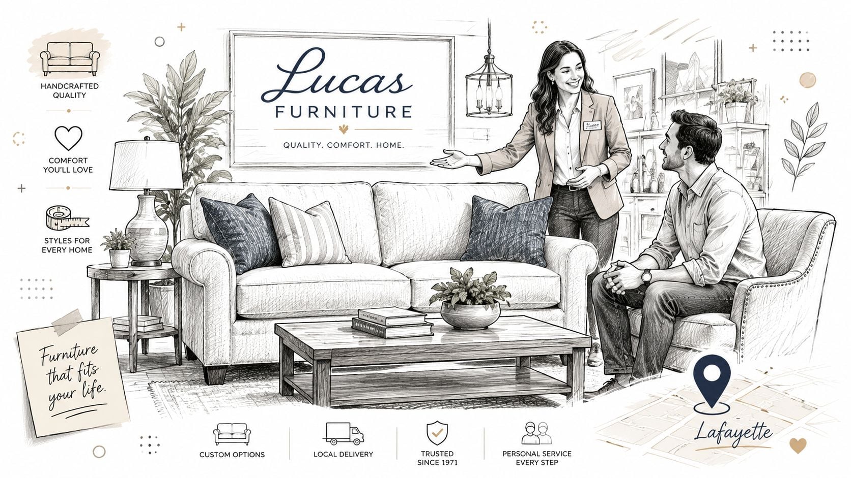 A sketched illustration of a furniture store interior featuring a salesperson assisting a customer with a sofa.