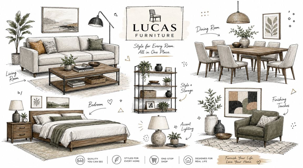 A curated collection of sketches showing furniture and decor for various rooms in a home.