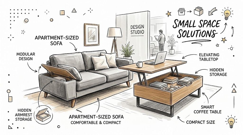 A hand-drawn sketch of a living room featuring an apartment-sized sofa and a smart coffee table.