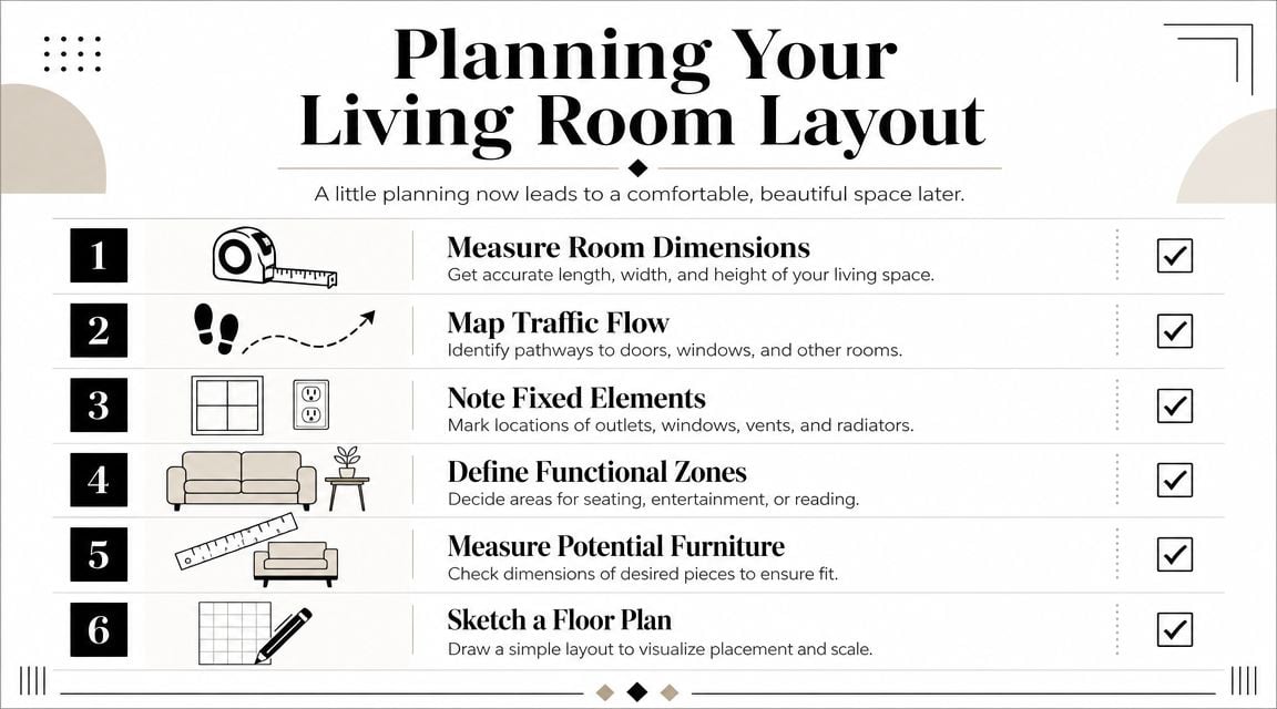 A checklist infographic illustrating six essential steps for planning an efficient and functional living room layout.